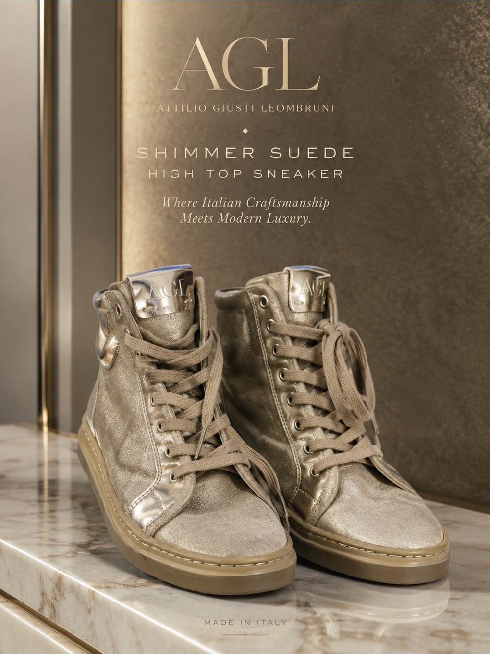 AGL | Shimmer Suede High-Top Sneaker in Metallic Taupe